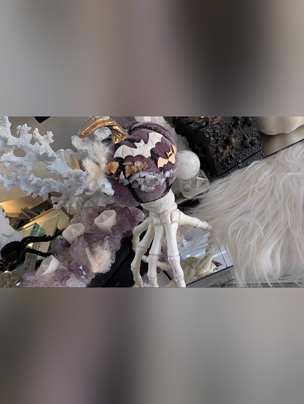 Velour Pumpkin on Skeleton Hand with Crystals & Accents